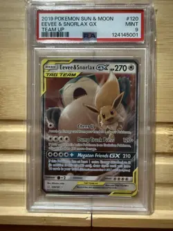 2019 POKEMON SUN & MOON TEAM UP #120 EEVEE & SNORLAX GX PSA 9 - Image 1