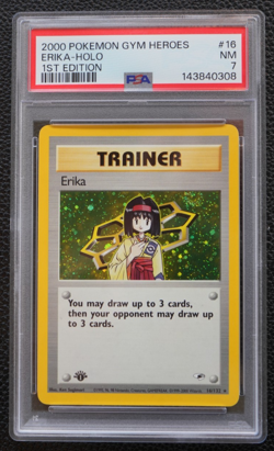 1st Edition Erika 16/132 PSA 7 NM Gym Heroes Holo Pokemon Card Swirl - Image 1