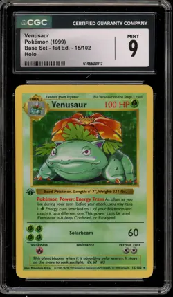 Pokemon Venusaur Base Set Shadowless 1st Edition Holo Rare #15 CGC 9 Mint - Image 1