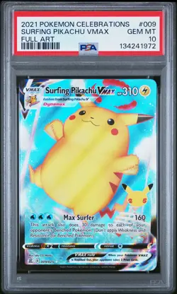 2021 POKEMON CELEBRATIONS #009 FULL ART/SURFING PIKACHU VMAX PSA 10 - Image 1