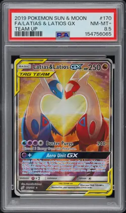 2019 POKEMON SUN & MOON TEAM UP #170 FA/LATIAS & LATIOS GX PSA 8.5 - Image 1