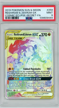 2019 Pokemon Sun & Moon Cosmic Eclipse Reshiram & Zekrom GX Full Art #259 PSA 9 - Image 1