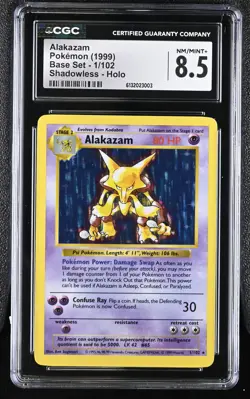 CGC 8.5 NM/MINT+ Alakazam 1/102 Base Set Shadowless Holo Pokemon Card - Image 1