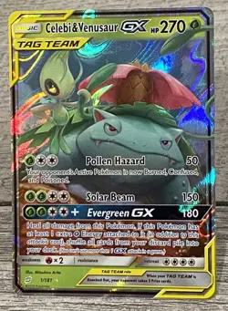 Pokemon 2019 Celebi & Venusaur GX 1/181 SM-Team Up Ultra Rare TAG TEAM Holo Card - Image 1