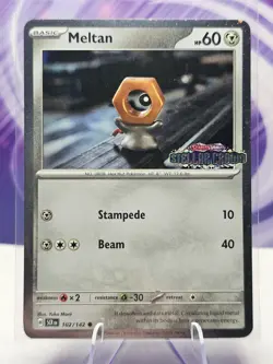 Pokemon Stellar Crown Stamped 102/142 Meltan Cosmos Holo NM - Image 1