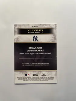 2025 Topps Tier One - Will Warren - Break Out Auto Blue Foil RC #/99 - Yankees - Image 2