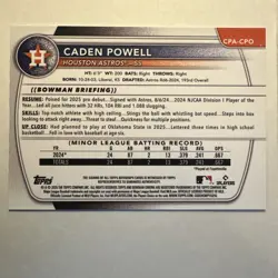 2025 Bowman Chrome Caden Powell Blue Raywave Auto /150 1st Bowman - Image 2