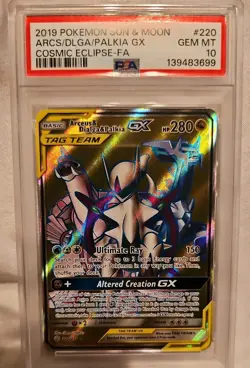 Pokemon S&M Cosmic Eclipse Arceus & Dialga & Palkia GX Full Art 220/236 PSA 10 - Image 1
