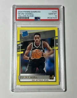 PSA 10 Devin Vassell Yellow Flood Rated Rookie #206 2020-21 Panini Donruss - Image 1