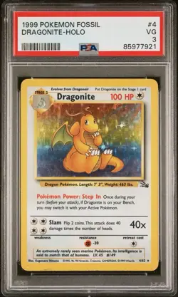 1999 Pokemon Fossil Dragonite- Holo 4/62 PSA 3 - Image 1