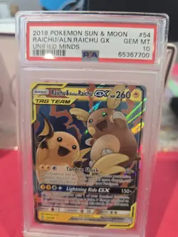 Pokemon TCG Raichu & Alolan Raichu GX 54/236 Unified Minds Holo PSA 10 - Image 1