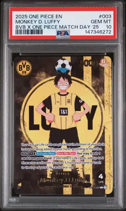 2025 ONE PIECE PROMOS BVB X ONE PIECE MATCH DAY 2025 #003 MONKEY D. LUFFY PSA 10 - Image 1