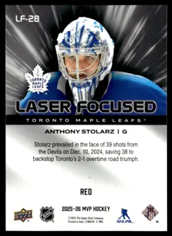 2025-26 Upper Deck MVP Laser Focused Red Anthony Stolarz /599 Toronto Maple - Image 2