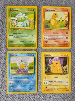 Base Set Starters X4 Bulbasaur Charmander Squirtle Pikachu 1999 Pokemon Cards MP - Image 1