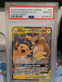 Pokemon TCG Raichu & Alolan Raichu GX 54/236 Unified Minds Holo PSA 10 - Image 1
