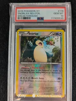 2015 Pokemon XY Breakthrough 118 Snorlax Reverse Foil PSA 10 Pop 7 Fresh Slab - Image 1