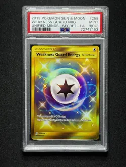 PSA 9 OC Pokemon Weakness Guard Energy 258 Unified Minds Secret OFF CENTER ERROR - Image 1