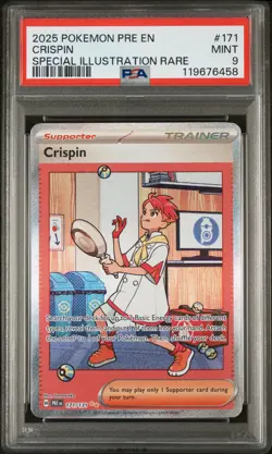 2025 POKEMON PRE EN-PRISMATIC EVOLUTIONS SPECIAL ILLUSTRATION RARE CRISPIN PSA 9 - Image 1
