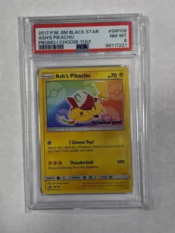 Pokemon Sun & Moon Black Star Promo SM108 Ash’s Pikachu PSA 8 - Image 1