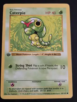 1999 VINTAGE POKEMON TCG 1ST EDITION SHADOWLESS CATERPIE 45 BASE SET MP - Image 1