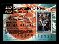 1992-93 Topps Stadium Club Shaquille O'Neal 92 Draft Pick Rookie Card #247 - Image 2