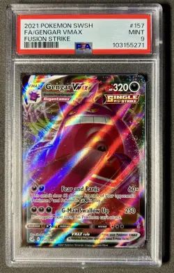 Pokemon TCG SWSH08 Fusion Strike Gengar VMAX Holo Card 157/264 PSA 9 - Image 1
