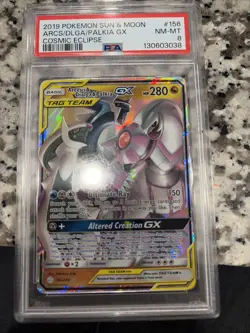 Pokemon TCG Arceus & Dialga & Palkia GX 156/236 Cosmic Eclipse pSA 8 - Image 1
