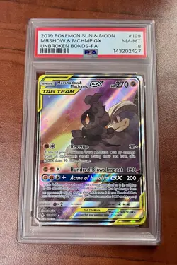 2019 Pokemon Sun and Moon Unbroken Bonds Marshadow/Machamp GX #199/214 PSA 8 - Image 1