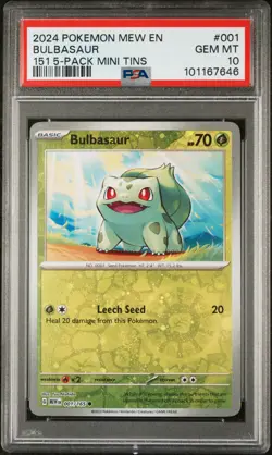 2023 Bulbasaur 1/165 Pokemon 151 EN 5 pack mini Tins Promo Reverse Holo PSA 10 - Image 1