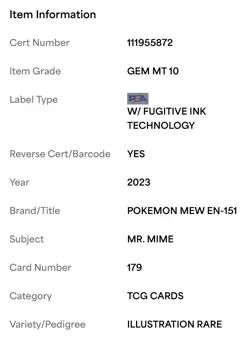 2023 Pokemon 151 Mr. Mime #179 Illustration Rare PSA 10 GEM MINT – Full Art - Image 4