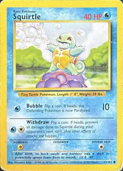 Squirtle 63/102 Common Base Set Unlimited Pokemon Lightly Played - Image 1