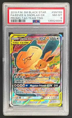 2019 Pokemon Sun Moon Tag Team Promo #SM169 Eevee Snorlax GX PSA 8 135524645 - Image 1