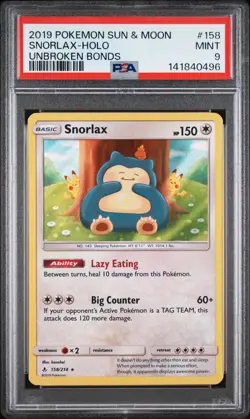 2019 POKEMON SUN & MOON UNBROKEN BONDS #158 SNORLAX-HOLO PSA 9 - Image 1