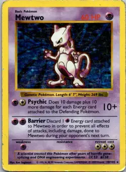 1999 Mewtwo 10/102 Base Set Shadowless Pokemon TCG MP Vintage - Image 1