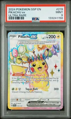 2024 POKEMON SSP EN-SURGING SPARKS | ULTRA RARE #219 PIKACHU EX PSA 9 - Image 1