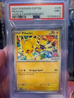 2025 POKEMON SVP EN-SV BLACK STAR PROMO WORLD CHAMPIONSHIPS #225 PIKACHU PSA 9 - Image 1