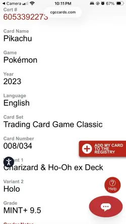 CGC 9.5 Mint+ Pikachu CLC 008/034 TCG Classic Collection Holo Pokemon Card - Image 3