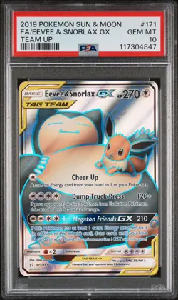 2019 POKEMON SUN & MOON TEAM UP #171 FULL ART/EEVEE & SNORLAX GX PSA 10 - Image 1