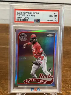 2024 TOPPS CHROME 1989 TOPPS BASEBALL #11 ELLY DE LA CRUZ ROOKIE RC PSA 10 - Image 1