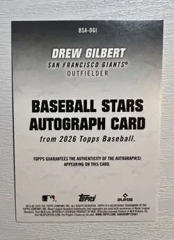 2026 Topps Series 1 Drew Gilbert Stars Auto Rookie RC #BSA-DGI Giants Mint! - Image 2