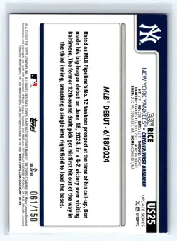 2025 Topps Update Ben Rice Blue Holo Foil #US25 RC Rookie #/150 New York Yankees - Image 2