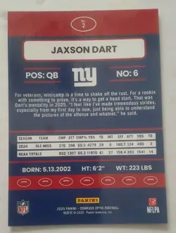 2025 Panini Donruss Optic Jaxson Dart Throwback Rookie RC #2 New York Giants - Image 2