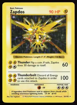 1999 Pokemon WOTC Base Set Shadowless Zapdos #16 /102 MP+/LP- - Image 1