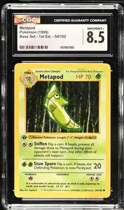 CGC 8.5 NM/MINT+ Metapod 54/102 1st Edition Shadowless Base Set Pokemon Card - Image 1