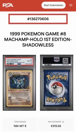 PSA 8 1999 POKEMON BASE SET 1ST EDITION SHADOWLESS #8/102 MACHAMP -HOLO - Image 1