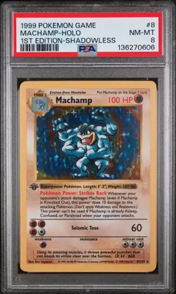 PSA 8 1999 POKEMON BASE SET 1ST EDITION SHADOWLESS #8/102 MACHAMP -HOLO - Image 2