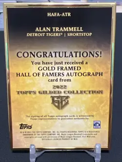 2022 Topps Gilded Alan Trammell Hall Of Famers Autograph /99 Auto - Image 2
