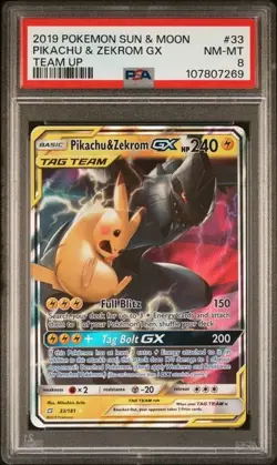 Pikachu & Zekrom GX 33/181 Tag Team GX Holo Pokemon TCG Sun and Moon PSA 8 - Image 1