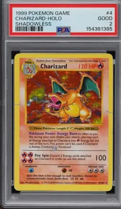 1999 POKEMON BASE SET SHADOWLESS #4 CHARIZARD-HOLO PSA 2 - Image 1