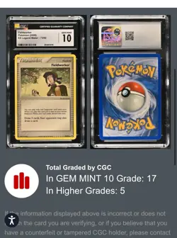 Pokemon Fieldworker Trainer Card EX Legend Maker 73/92 CGC Gem Mint 10 (POP 17) - Image 4